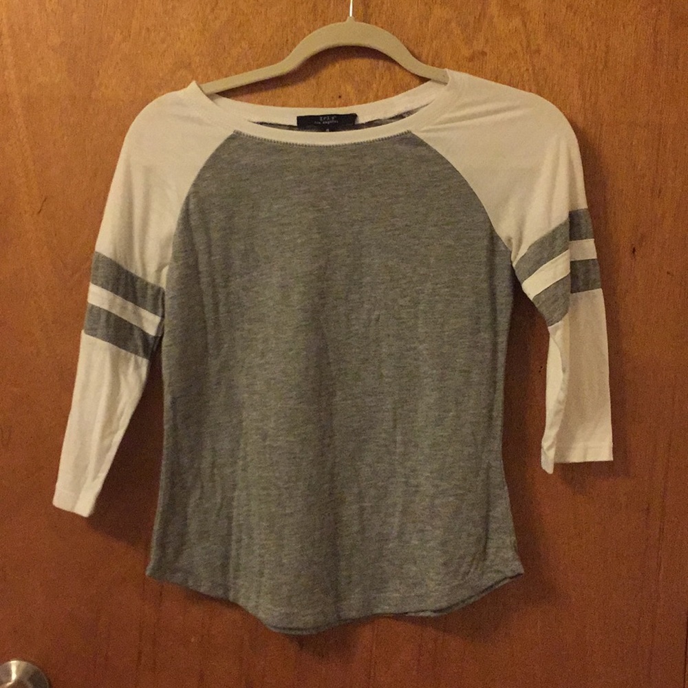 Grey and white baseball style shirt